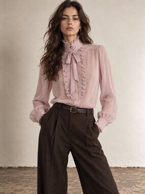 Vintage 70s ruffle front bow blouse. 1970s secretary blouse in blush pink.